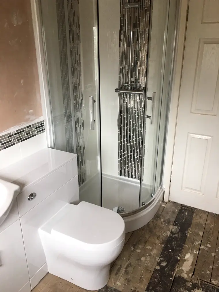 Quadrant shower enclosure with a vertical mosaic strip, next to a toilet