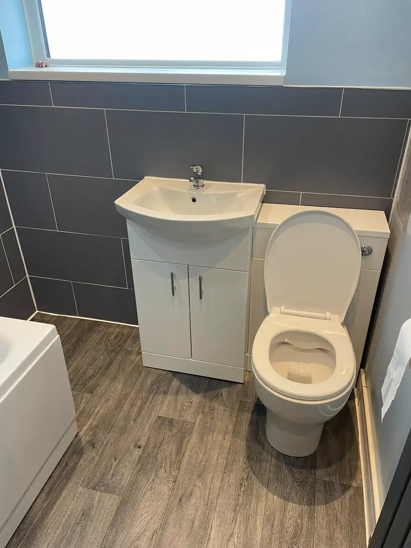 White vanity basin unit and close-coupled toilet against dark grey wall tiles, over a wood-effect floor